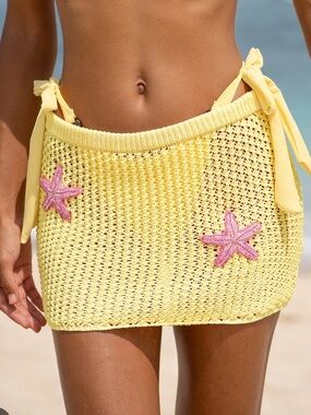 Yellow Crochet Tie-Side Cover-Up Skirt with Pink Starfish